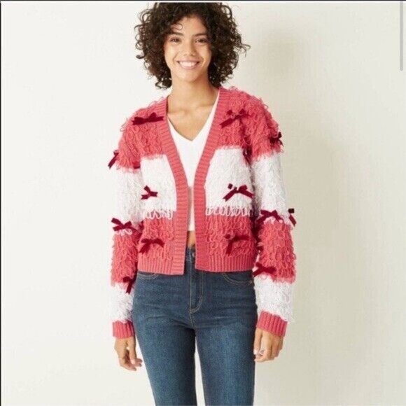 Mighty Fine Women's Size XS Red and White Striped Christmas Sweater w Bows - Picture 1 of 12